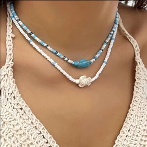 NEW! Beachy Vibes Blue and White Beaded Turtle Necklace Set.